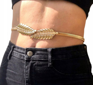 PANCERKA Damski Pasek metalowy Liść Sprężynka boho