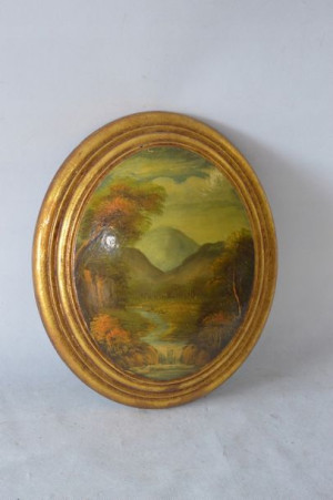 Obraz Olejny Owal Złota Rama Górski Widok 33x27cm