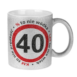 Brokatowy srebrny kubek 330 ml  "40 lat".