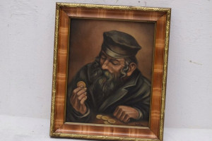 ŻYD Z MONETAMI na szczęście STARY OBRAZ NA PŁÓTNIE