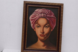T DE ŁEMPICKA - PORTRET W CHUŚCIE - stary obraz