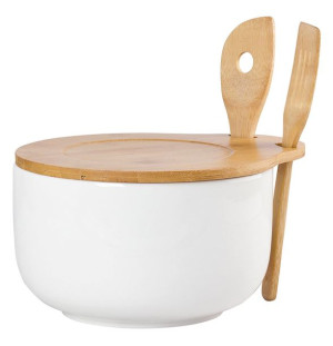 Miska na sałatki porcelanowa z łyżkami z pokrywą bambusową Regular kremowa