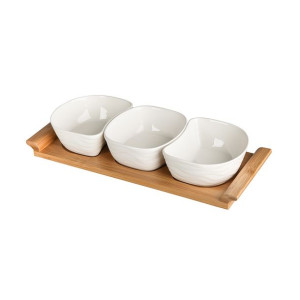 Miseczki do dipów i przekąsek porcelanowe na bambusowej Regular kremowe, 3