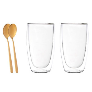 Szklanki termiczne do kawy latte Andrea 380 ml i złote łyżeczki, 2 szt.