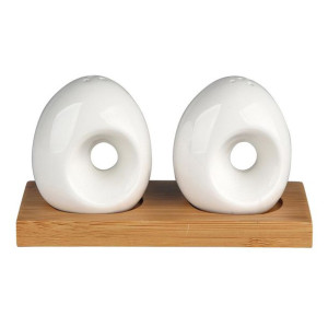 Solniczka i pieprzniczka porcelanowe na podstawie bambusowej Regular kremow