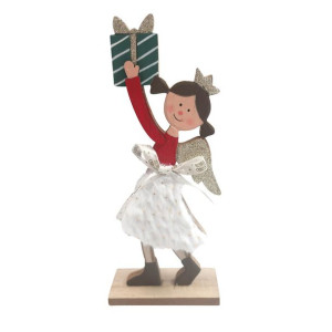 Figurka Drewniana Aniołek Z Prezentem 10x4x23 Cm Bz
