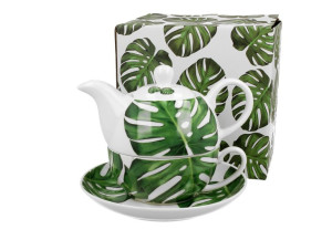 Tea for one porcelanowy / filiżanka z dzbankiem i spodkiem monstera