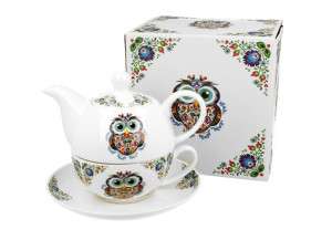 Tea for one porcelanowy / filiżanka z dzbankiem i spodkiem sowa etno