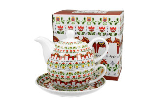 Tea for one porcelanowy / filiżanka z dzbankiem i spodkiem wzór skandynawsk