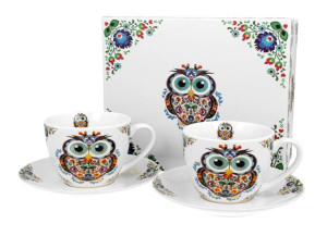 Filiżanki ze spodkami 280 ml komplet 2 szt. sowa etno