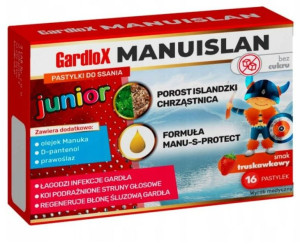 Gardlox Manuislan Junior na gardło truskawka bez cukru 16 pastylek