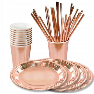 Różowe złoto Rose Gold talerze kubki słomki 45 szt
