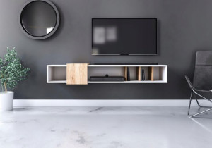 Szafka RTV wisząca RONDA 150 cm biały craft złoty