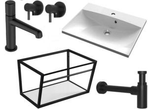 LOFT zestaw 6w1 : 60cm umywalka,wspornik ,bateria,syfon,zawór,czarny mat