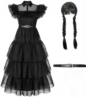 3w1 Wednesday Addams Sukienka Peruka Pasek Kostium Strój Przebranie