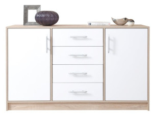 Duża KOMODA Szuflady Półki 140 cm SPOTI DĄB SONOMA + BIAŁY