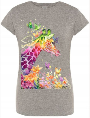 Żyrafa Damski Kolorowy T-shirt Nadruk Lato R.L