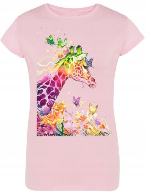Żyrafa Damski Kolorowy T-shirt Nadruk Lato R.M