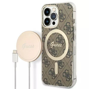 Zestaw Guess Case+ Charger Iphone13 Pro Brązowy Hard Case 4g Magsafe Print