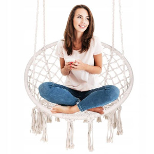 Fotel Wiszący Gniazdo Huśtawka Hamak Boho Kremowa