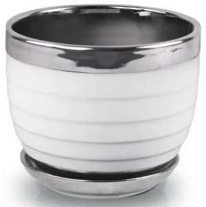 Doniczka ceramiczna z podstawką biało-srebrna 14 cm
