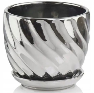 Doniczka ceramiczna z podstawką srebrna 14 cm