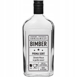 Szklana butelka z napisem Bimber Prima Sort 0,5 l