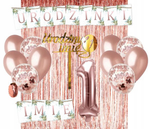 Zestaw Roczek 1 Balony Topper Girlanda Rose Gold