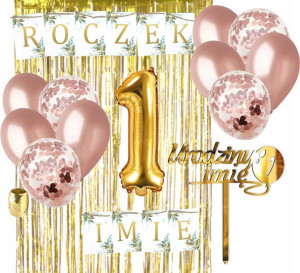 Zestaw Roczek 1 Balony Topper Girlanda Rose-gold