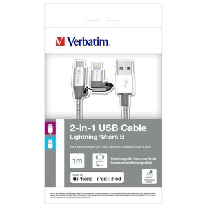Verbatim USB kabel (2.0), USB A M - 1m, 2 in 1 srebrny, box, 48869,
