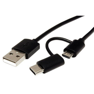 USB kabel (2.0), USB A M - 1m, okrągły, czarny, z redukcją do USB C