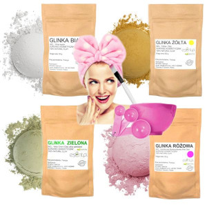 Glinka do twarzy Biała Żółta Zielona Różowa 4*100g + miseczka pędzelek