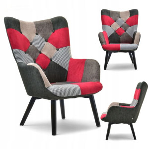 Modny Fotel Uszak Na Drewnianych Nogach Nuria Patchwork 3 Cz