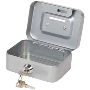 Kasetka sejf na pieniądze skrabonka metal 8,5 x 11,5 cm srebrna kluczyk