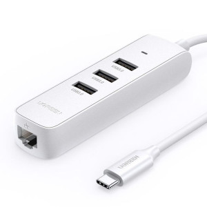 Ugreen Hub 4w1 Usb Typ C - 3x Usb Typ A 3.1 Gen 1 + Rj45 Biały