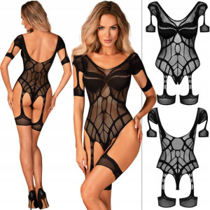 OBSESSIVE G334 Otwarty Bodystocking z podwiązkami