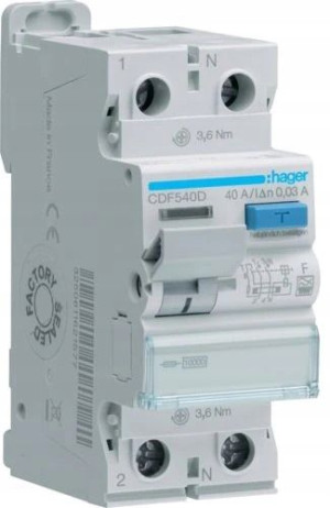 Hager Rccb Wyłącznik Różnicowoprądowy 1p+n 40a 30ma 10ka F Cdf540d