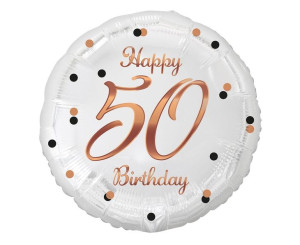 Balon 18" Biały Happy Birthday Liczba 50 Nadruk Rózowo Złoty