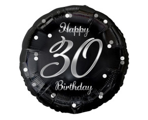 Balon 18" Czarny Happy Birthday Liczba 30 Nadruk Srebrny