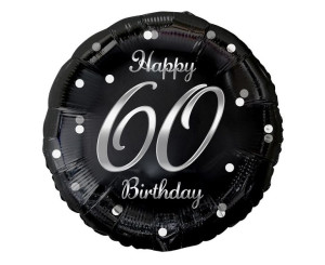 Balon 18" Czarny Happy Birthday Liczba 60 Nadruk Srebrny