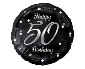 Balon 18" Czarny Happy Birthday Liczba 50 Nadruk Srebrny