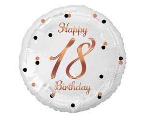 Balon 18" Biały Happy Birthday Liczba 18 Nadruk Rózowo Złoty