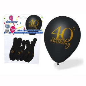 Balony Na 40 Urodziny Czarno Złote 25cm (6szt)