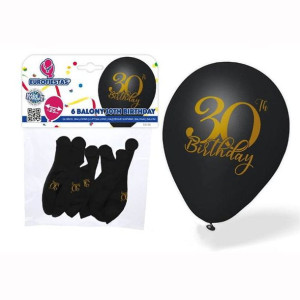 Balony Na 30 Urodziny Czarno Złote 25cm (6szt)