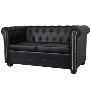 Sofa 2-osobowa w stylu Chesterfield, sztuczna skóra, czarna