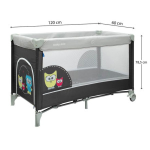 BABY MIX  Łóżeczko podróżne jednopoziomowe Sowa ciemno-szara