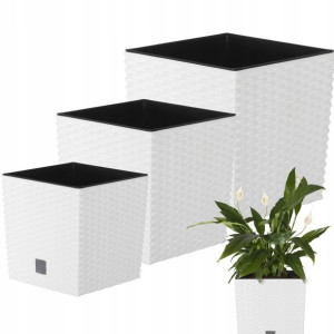 3x Doniczka Donica + Wkład Biała Ogrodowa Rattan