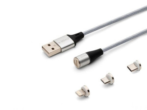 Kabel magnetyczny USB - USB typ C, Micro i Lightning, srebrny, 2m, CL-156