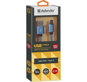 Kabel USB Defender AM-TYPE C 1m 2,1A niebieski
