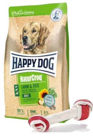 Happy Dog NaturCroq Jagnięcina i ryż 15kg + MACED Kość Wiązana Biała Bekon